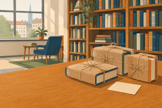 Drei verschnürte Bücherpakete auf einem Tisch in einer Bücherei