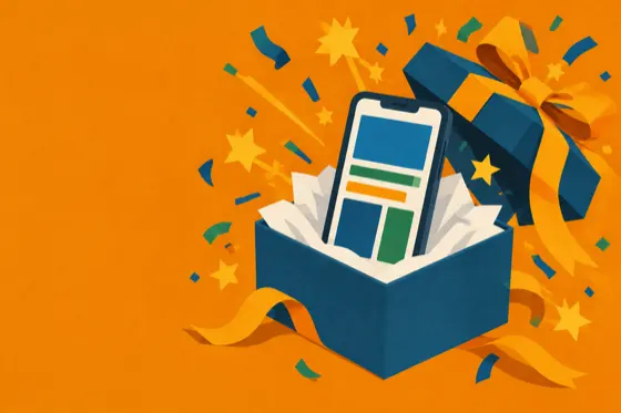 Ein neues Smartphone in einer offenen Geschenkbox mit Konfetti