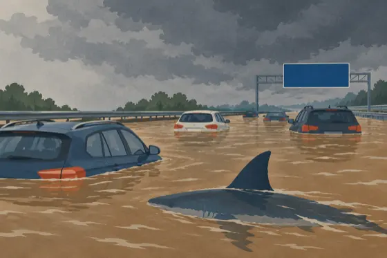 Überflutete Autobahn mit Autos im Wasser, dazwischen schwimmt ein Hai