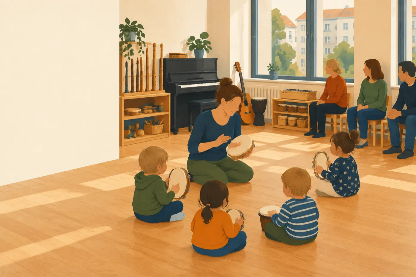 Mehrere Kleinkinder sitzen mit Rhythmusinstrumenten im Kreis, eine Lehrkraft zeigt den Takt vor.