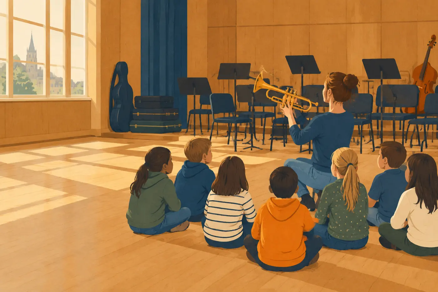 Eine Trompeterin erklärt einer Gruppe von Kindern im Theatersaal ihr Instrument.