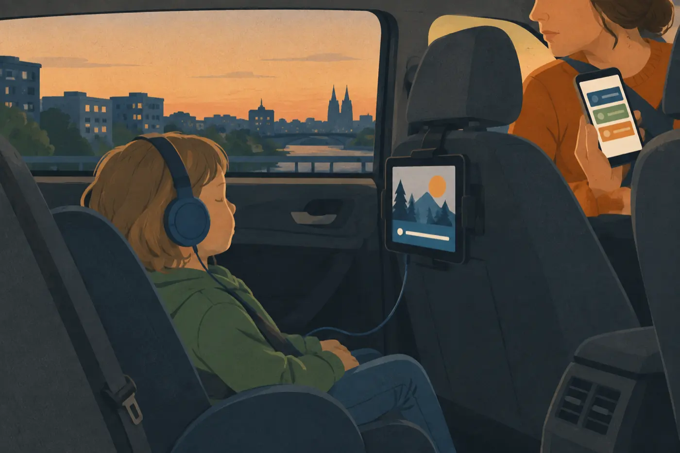 Ein Kind hört im Auto mit Kopfhörern ein Hörbuch vom Tablet, im Vordergrund prüft ein Erwachsener das Abo auf dem Smartphone.