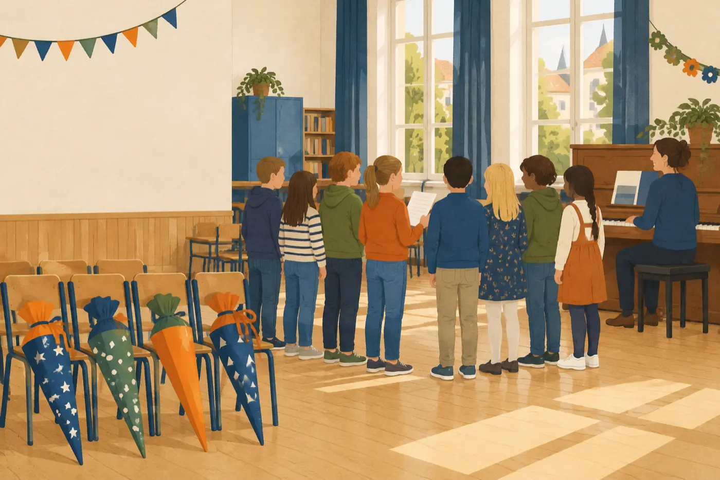 Eine Musiklehrkraft sitzt am Klavier, davor stehen Grundschulkinder mit Schultüten wie bei einer Musical-Probe zur Einschulung.