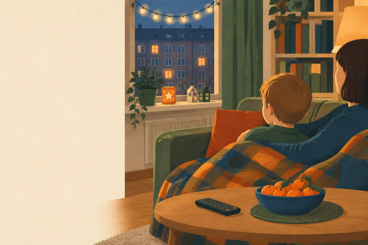 Ein Elternteil und ein Kind sitzen abends unter einer Decke auf dem Sofa und schauen gemeinsam einen Weihnachtsfilm.