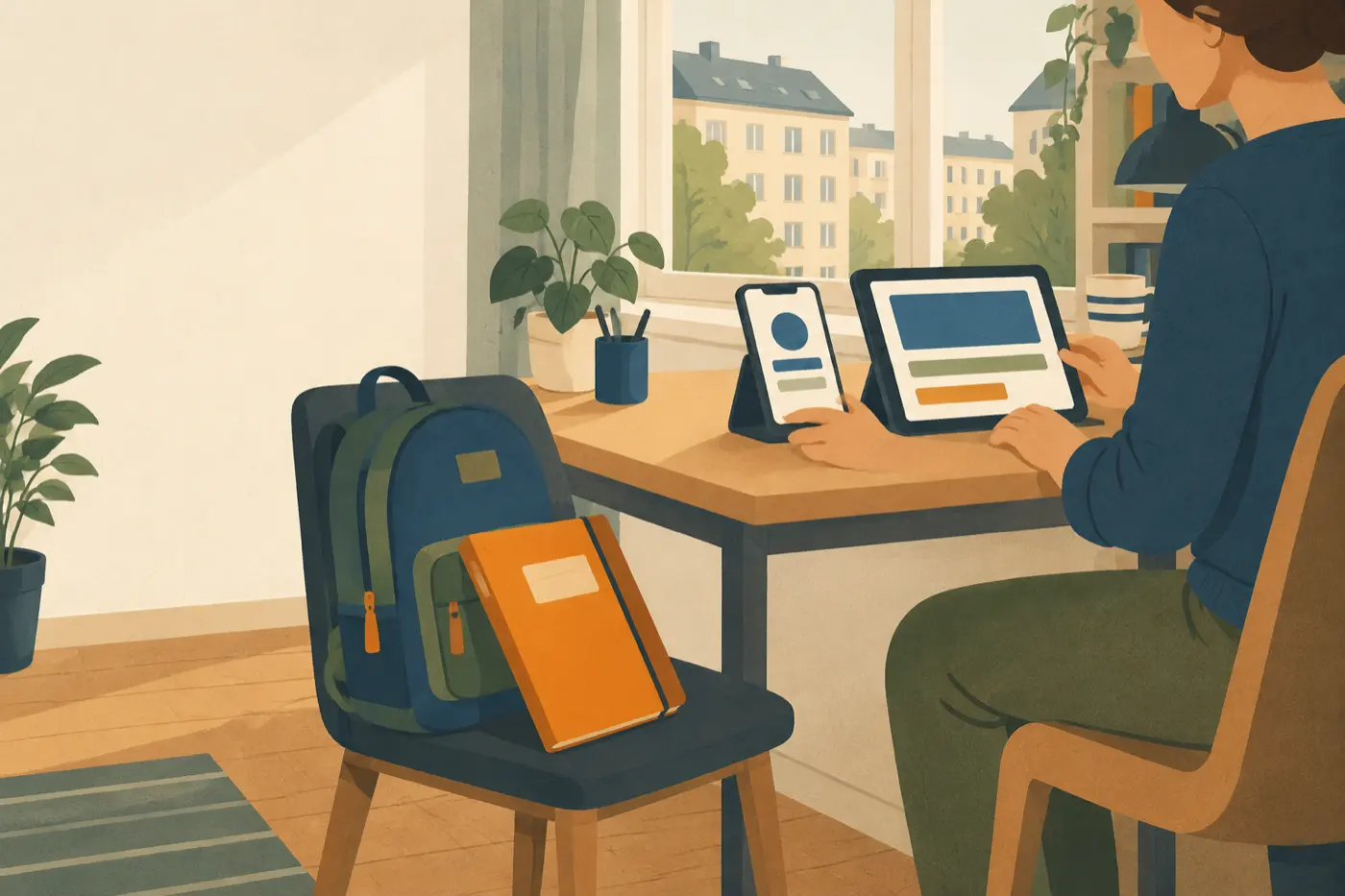 Ein Elternteil sitzt seitlich an einem Schreibtisch und richtet gleichzeitig ein Smartphone und ein Tablet ein, daneben liegt ein Schulranzen.