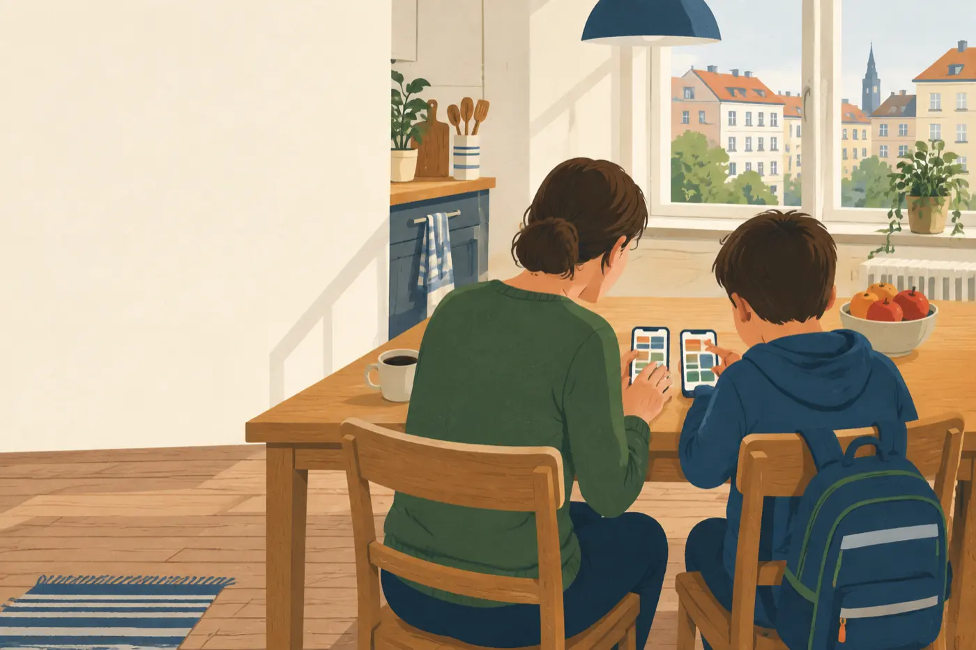 Ein Elternteil und ein Kind sitzen von hinten gesehen am Küchentisch und richten gemeinsam zwei nebeneinanderliegende Smartphones ein.