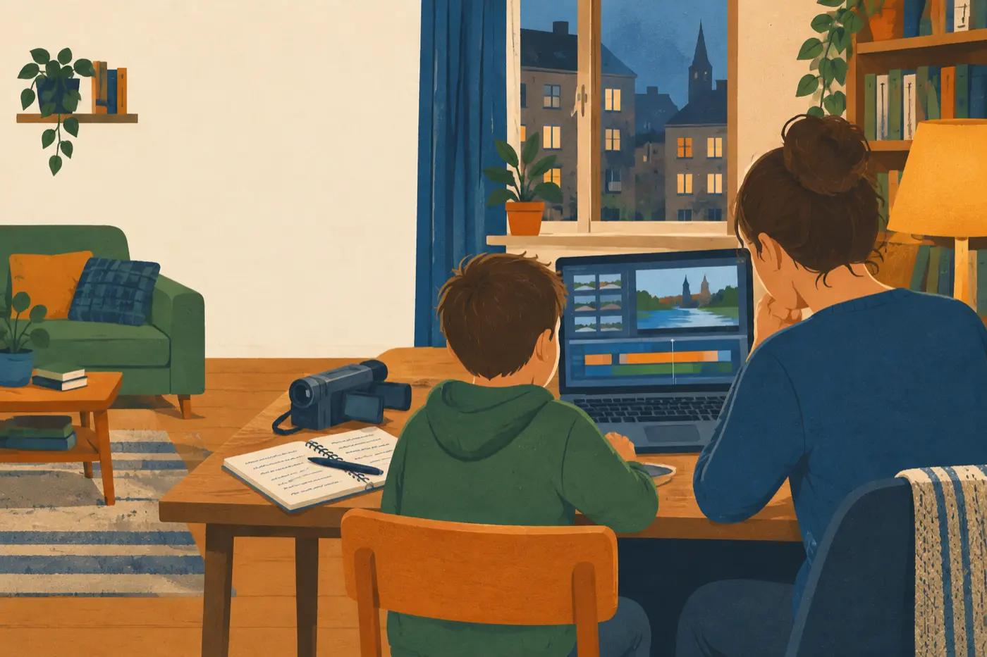 Ein Kind sitzt mit einem Erwachsenen vor einem Laptop mit Videoschnitt-Software.
