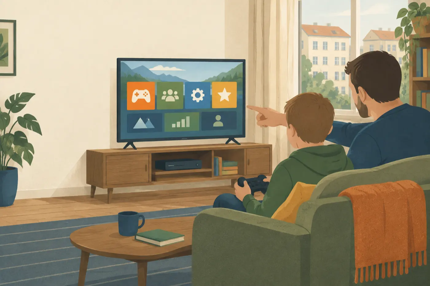 Ein Vater und sein Sohn sitzen seitlich vor einem Fernseher und stellen gemeinsam eine Kindersicherung an der Spielkonsole ein.