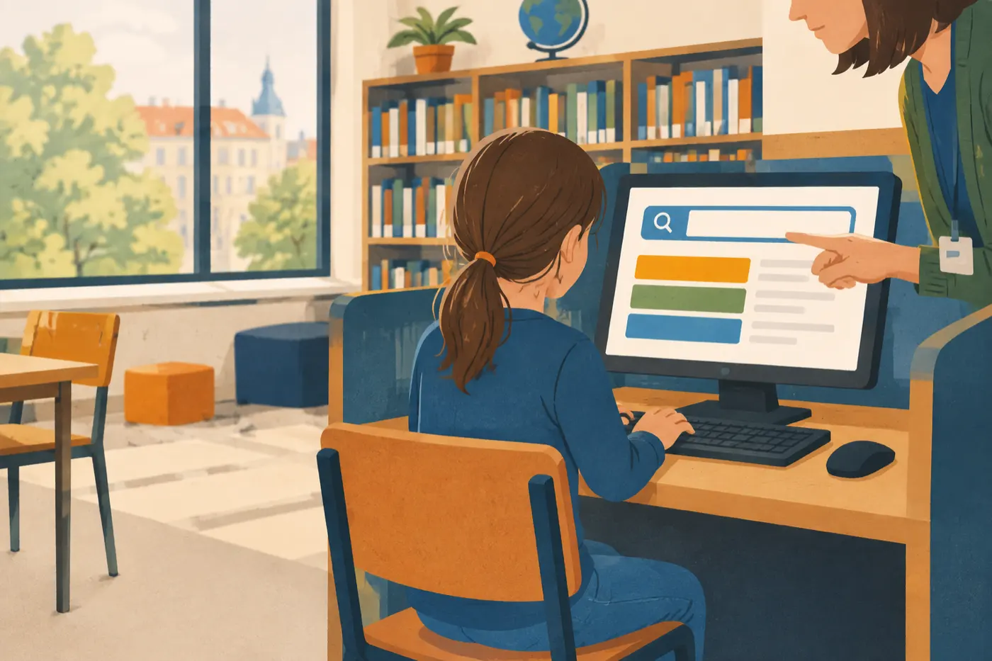 Ein Kind sitzt an einem Bibliothekscomputer, eine erwachsene Hand zeigt von der Seite auf den Bildschirm.