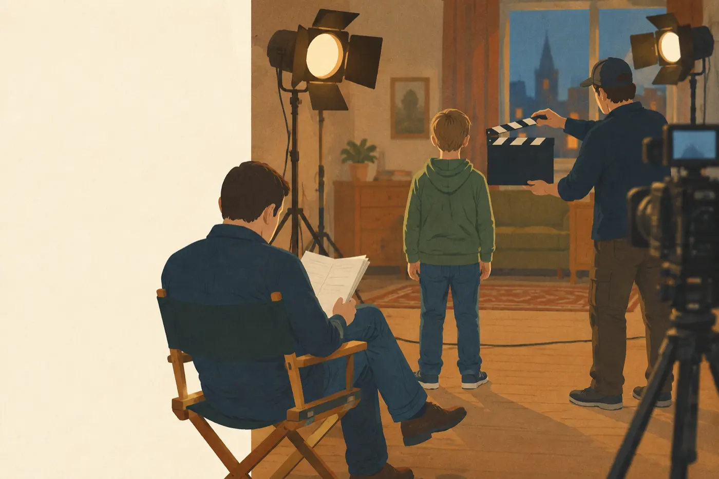 Ein Kind steht vor einer Filmklappe auf einem kleinen Filmset.