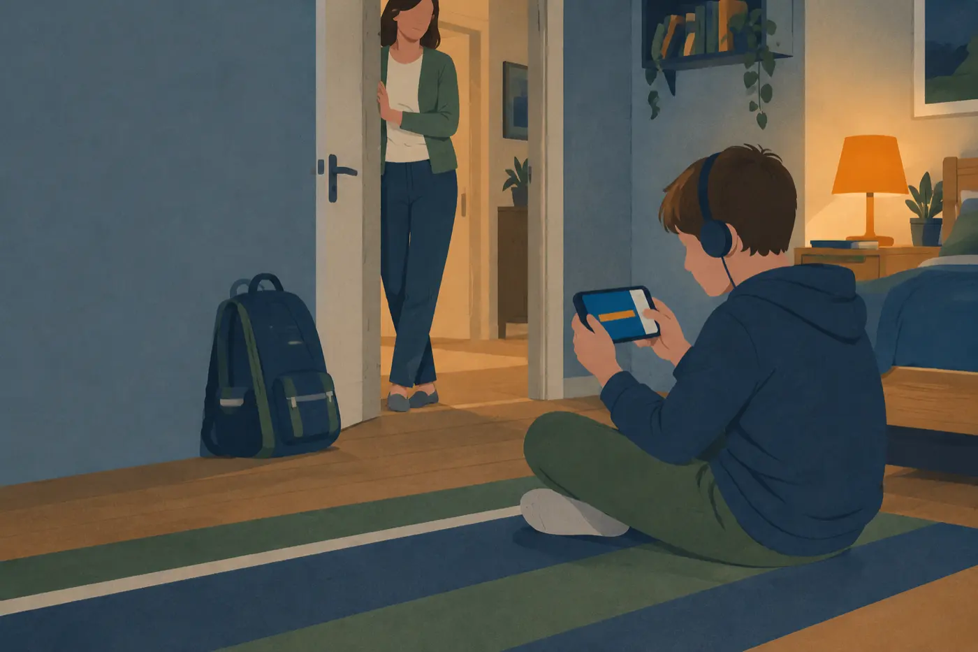 Ein Kind sitzt mit Kopfhörer auf dem Boden eines Kinderzimmers und spielt auf dem Smartphone, im Hintergrund steht ein Elternteil in der Tür.