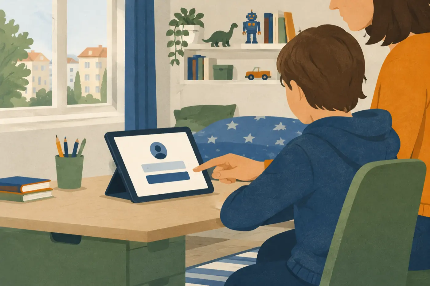 Ein Elternteil sitzt seitlich neben einem Kind am Schreibtisch im Kinderzimmer und zeigt auf ein Login-Fenster auf einem Tablet.