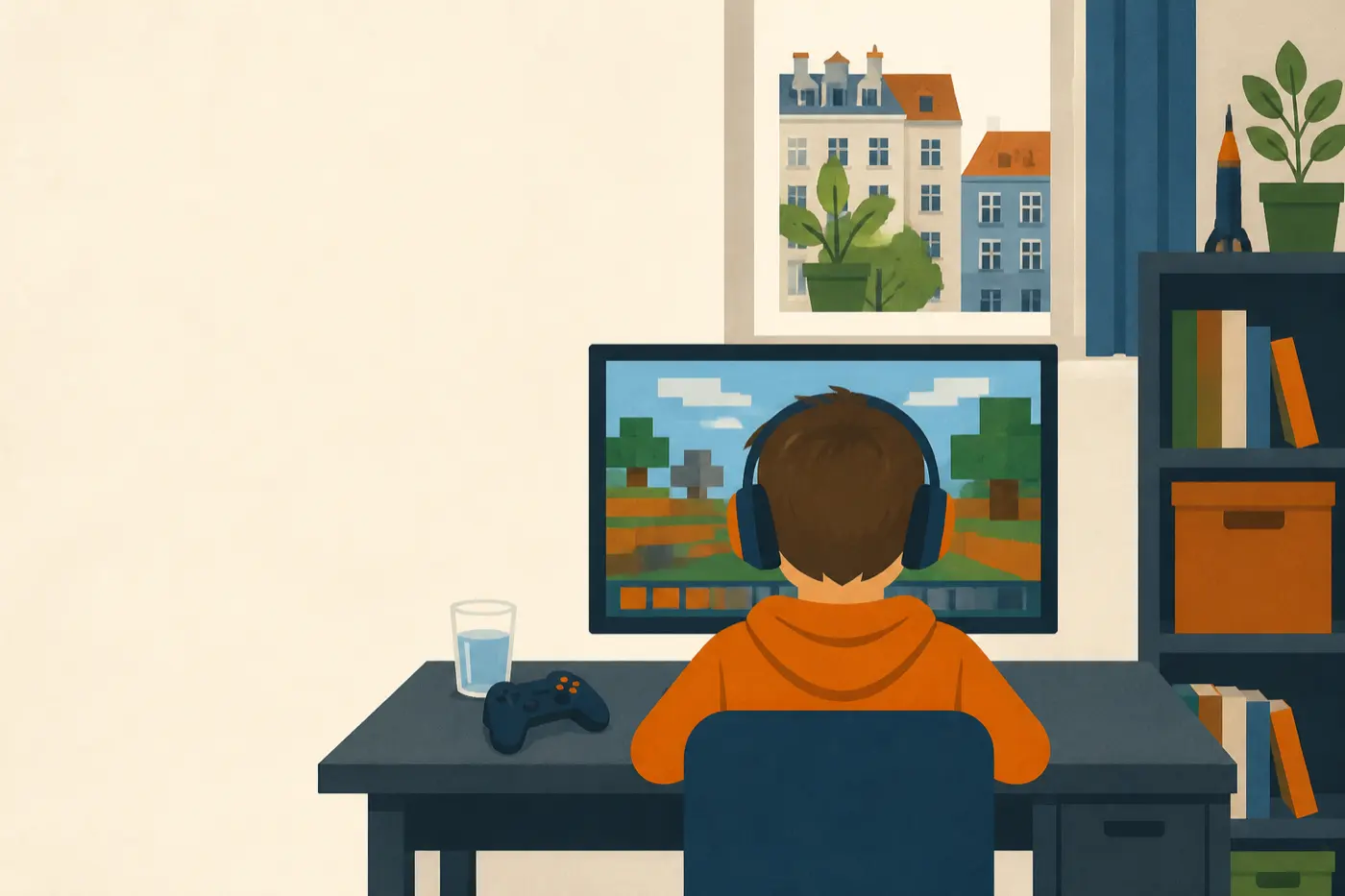 Ein Kind sitzt mit Kopfhörern am Schreibtisch vor einem Bildschirm, auf dem eine abstrakte Spielwelt zu sehen ist. Daneben ein Controller.