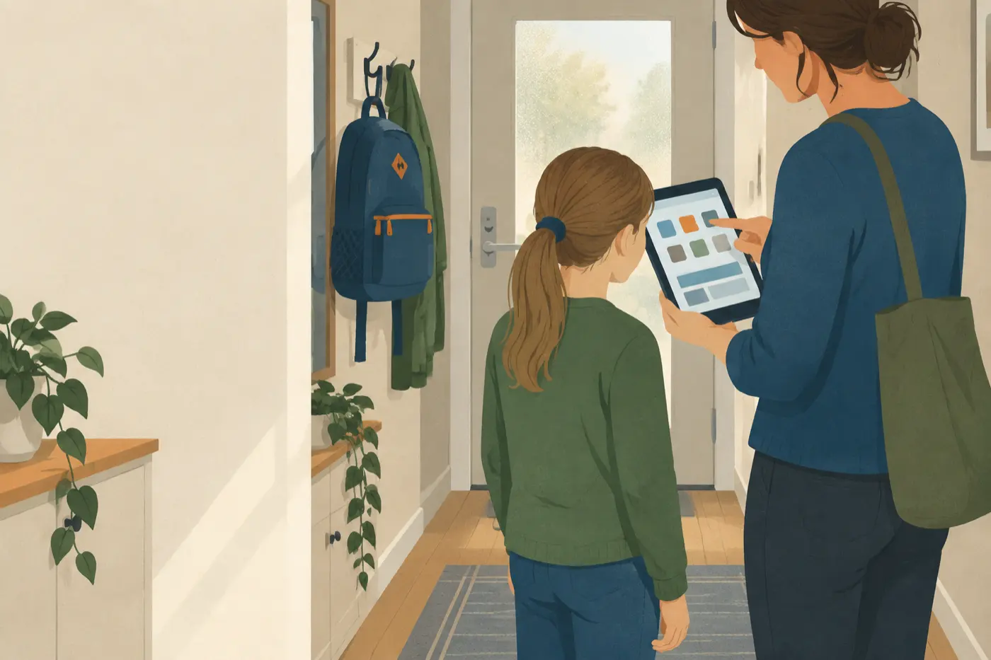 Eine Mutter zeigt ihrer Tochter im Hausflur eine App auf dem Tablet, bevor sie installiert wird.