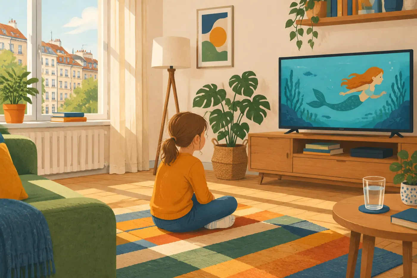 Ein Kind sitzt vor dem Fernseher und schaut eine Zeichentrickserie über drei Meerjungfrauen.