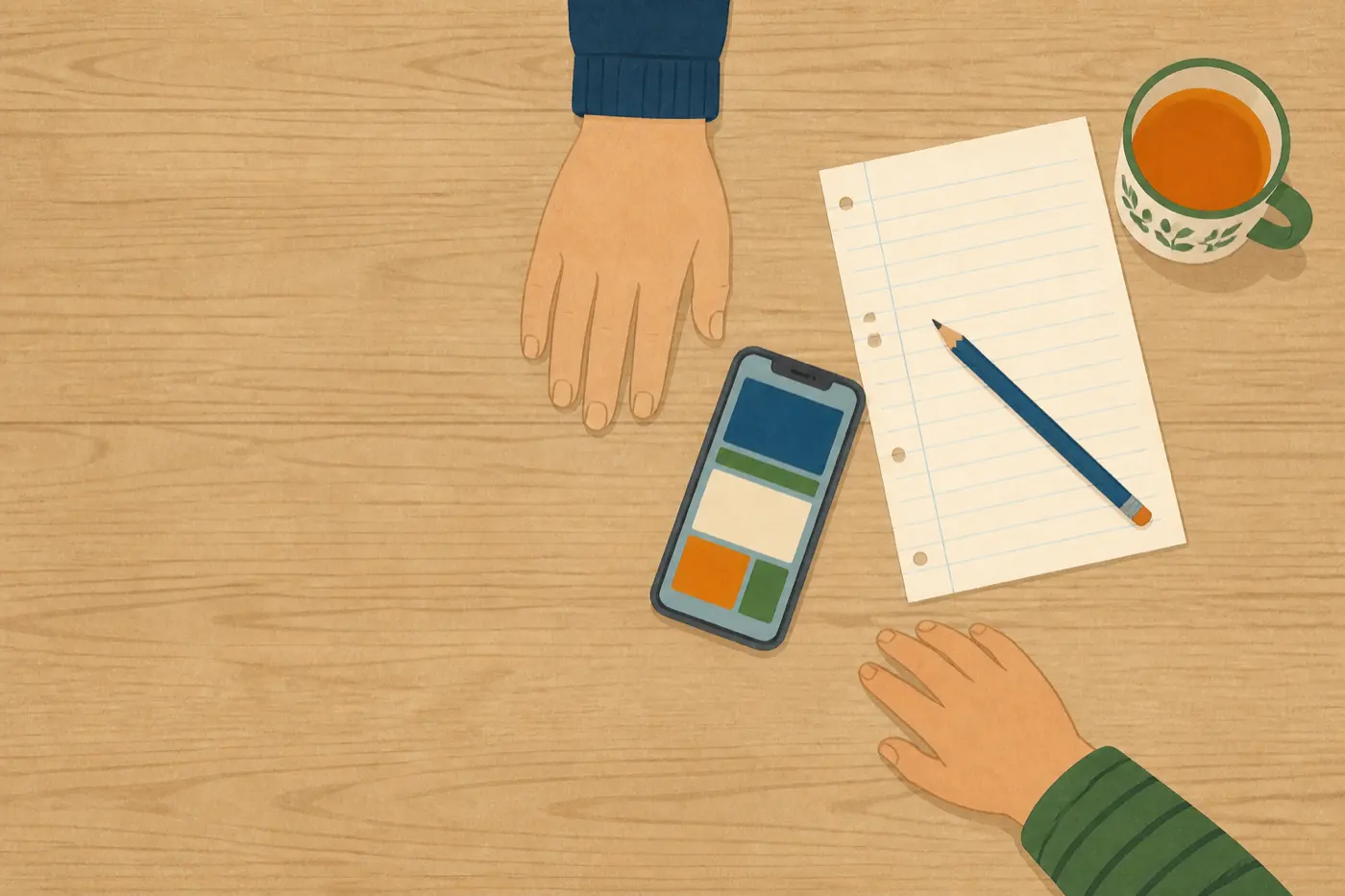 Ein Küchentisch von oben. Darauf liegen ein Smartphone, dessen Bildschirm nur farbige Flächen zeigt, ein Blatt mit leeren Linien und ein Bleistift, daneben eine Tasse. Von zwei Seiten liegt je eine Hand auf dem Tisch - eine erwachsene und eine kindliche.