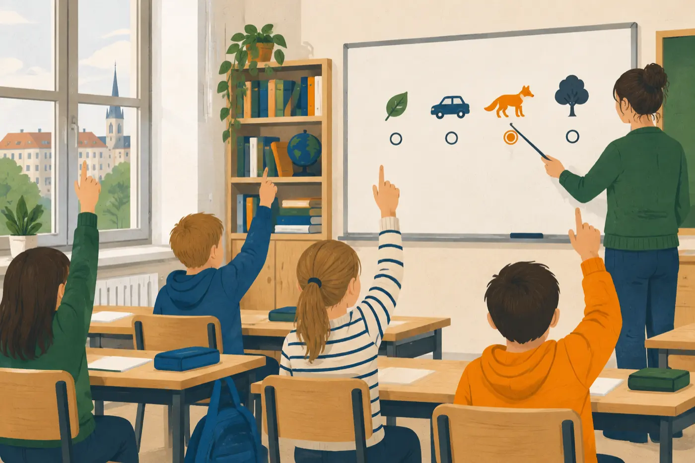 Mehrere Kinder heben im Klassenzimmer die Hand, um bei einer projizierten Frage abzustimmen, eine Lehrkraft zeigt auf die Tafel.