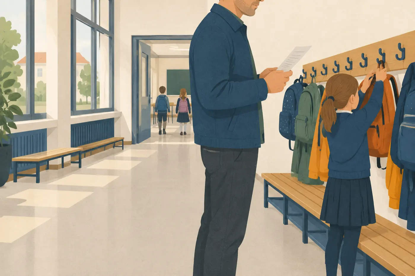 Ein Vater liest im Schuleingang einen Brief, während seine Tochter ihren Rucksack aufhängt.