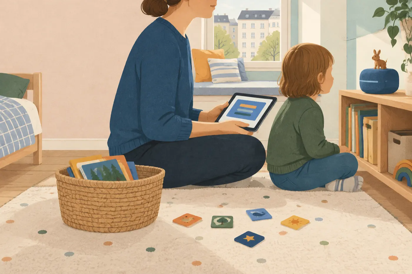 Ein Elternteil sitzt mit einem Tablet neben einem Kind auf dem Boden eines Kinderzimmers, im Hintergrund steht eine kleine Audiobox mit Spielfigur auf einem Regal.