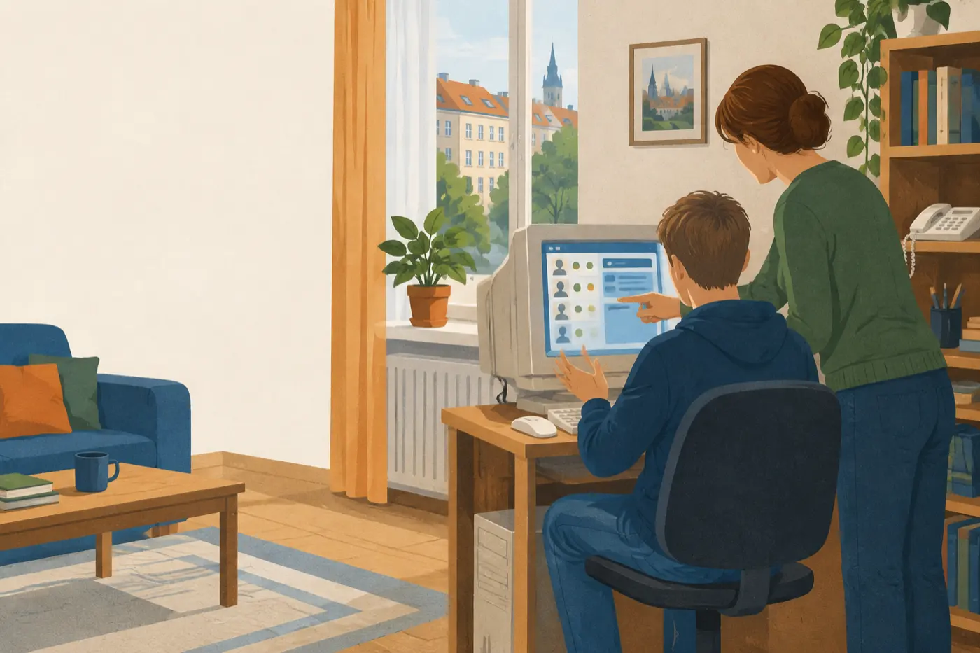 Ein Jugendlicher sitzt am Computer vor einer einfachen Kontaktliste, eine erwachsene Person schaut über die Schulter mit.