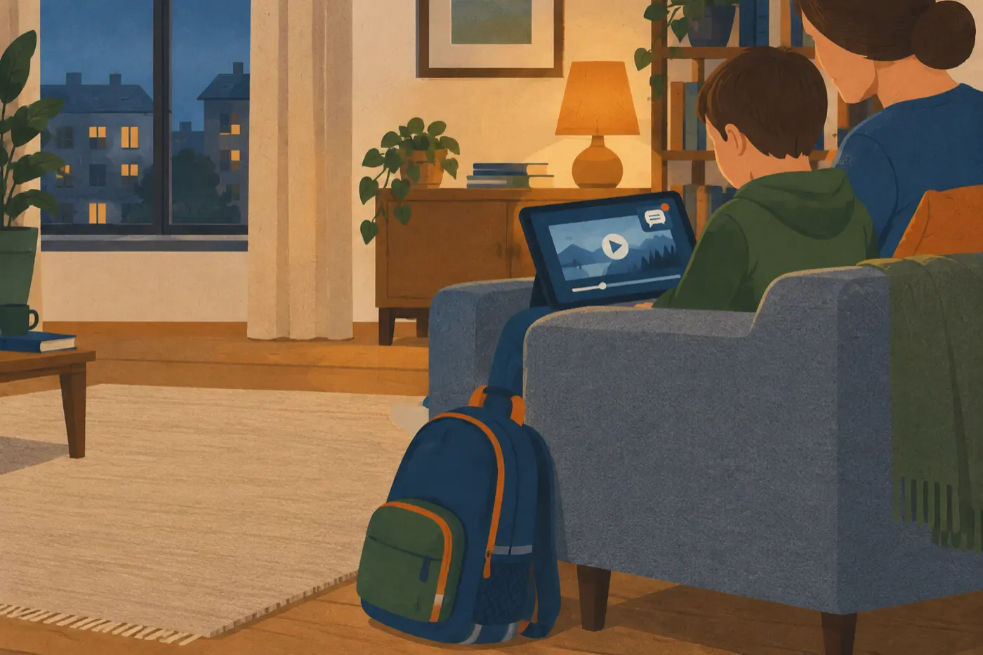 Ein Elternteil und ein Kind sitzen abends zusammen auf dem Sofa und schauen auf ein Tablet mit einem pausierten Video, im Hintergrund ein Schulrucksack.