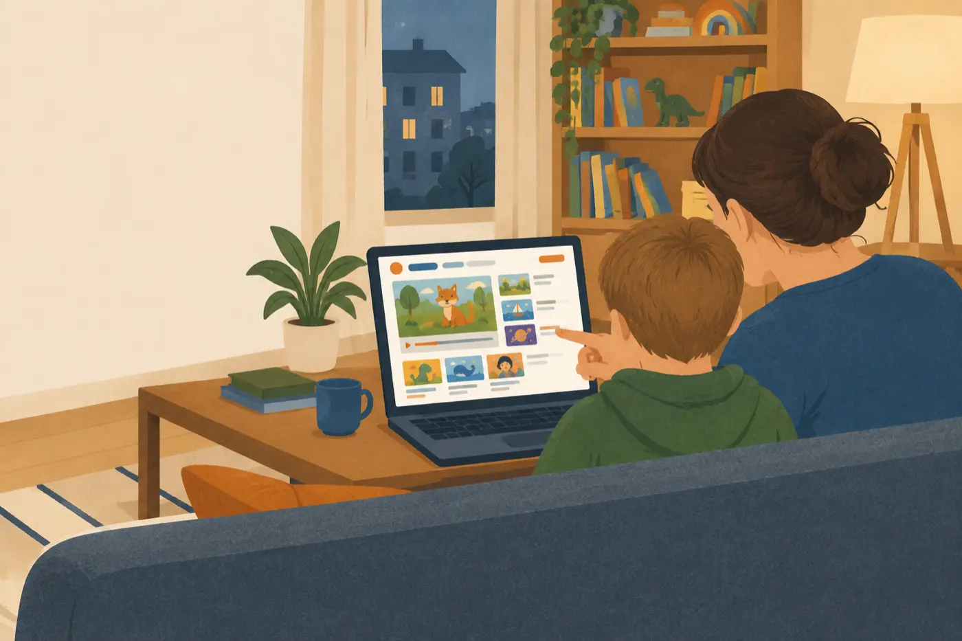 Ein Elternteil und ein Kind schauen gemeinsam auf einem Laptop eine einfache Kinder-Video-Website an.