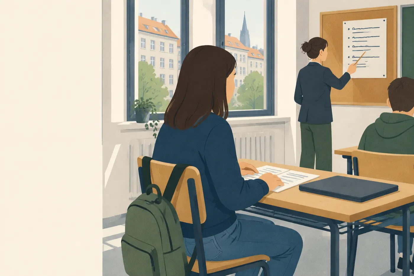 Ein Jugendlicher sitzt mit geschlossenem Laptop am Schreibtisch im Klassenzimmer, eine Lehrkraft zeigt auf eine Regelliste am Pinnbrett.