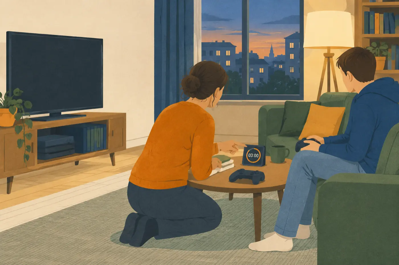 Ein Elternteil zeigt einem Jugendlichen auf dem Sofa einen kleinen Timer neben der Spielkonsole, bevor die Spielzeit endet.