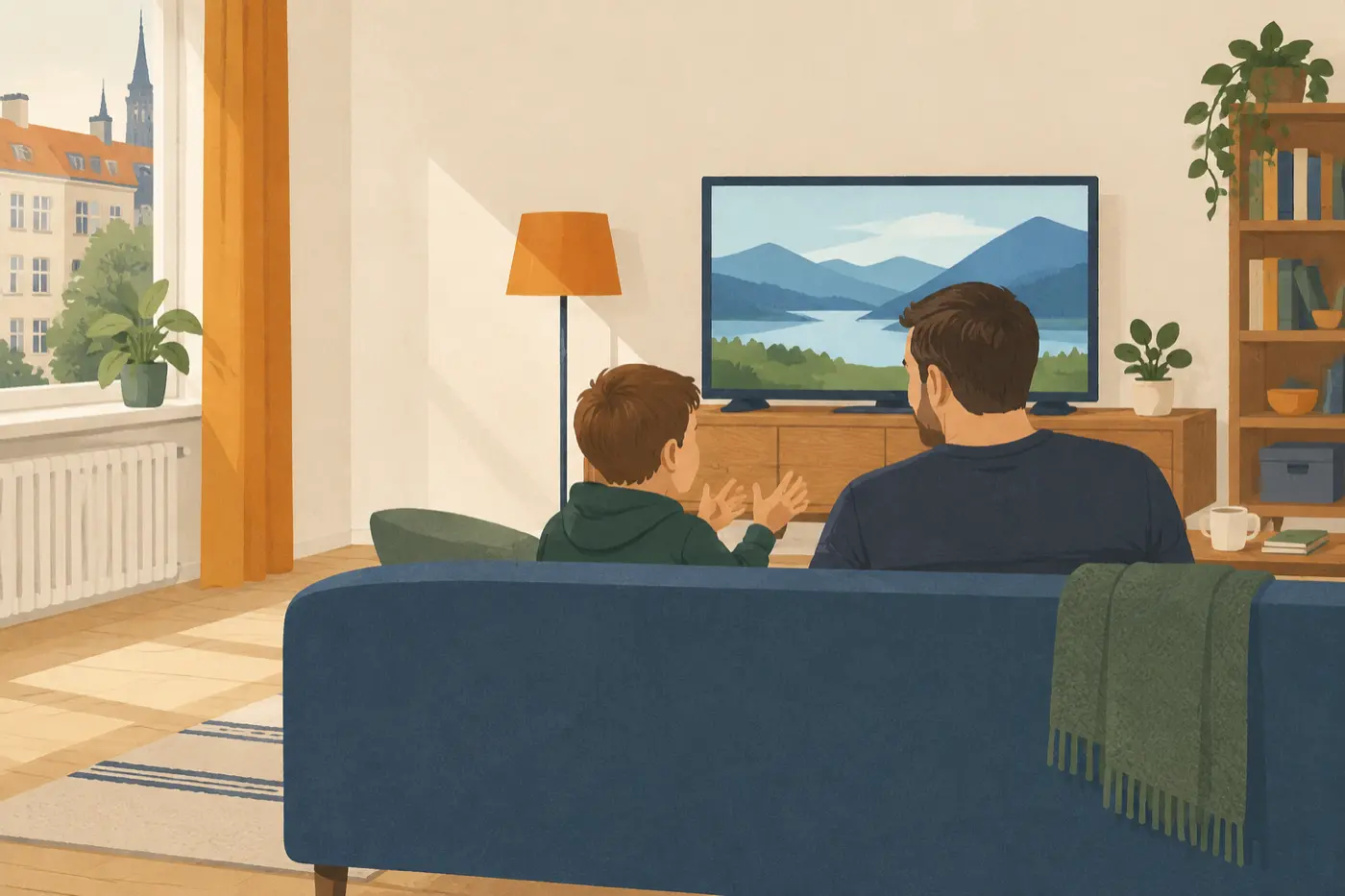 Ein Vater und sein Sohn sitzen zusammen auf dem Sofa vor dem Fernseher und sprechen über das Gesehene.
