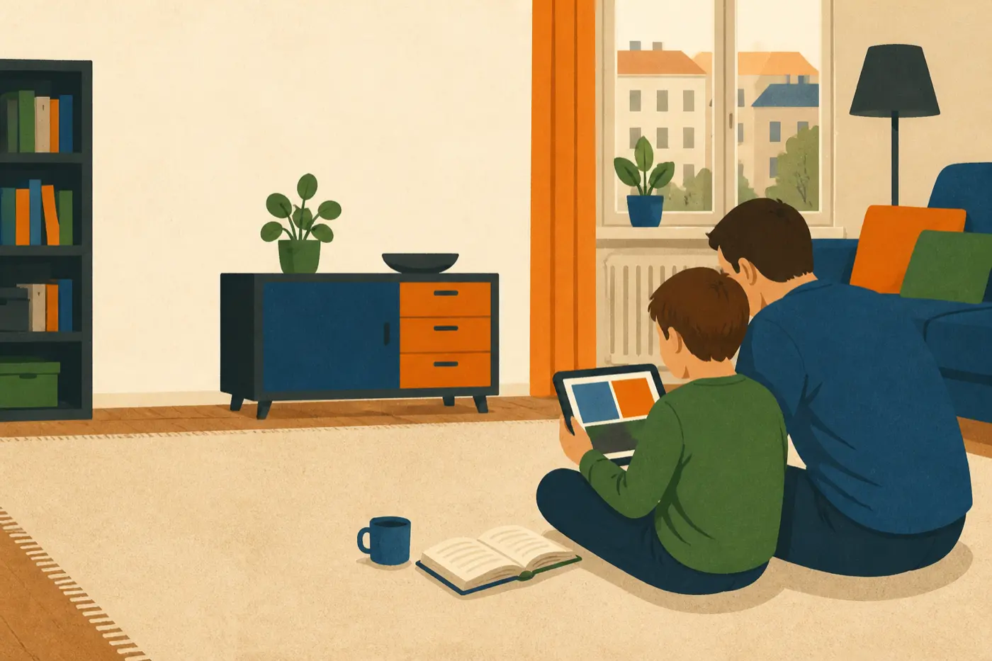 Ein Wohnzimmer am späten Nachmittag. Ein Erwachsener sitzt auf dem Teppich neben einem Kind, das ein Tablet hält; beide von hinten zu sehen, der Erwachsene schaut auf denselben Bildschirm. Auf dem Tablet nur farbige Flächen. Daneben eine Tasse und ein aufgeschlagenes Buch.