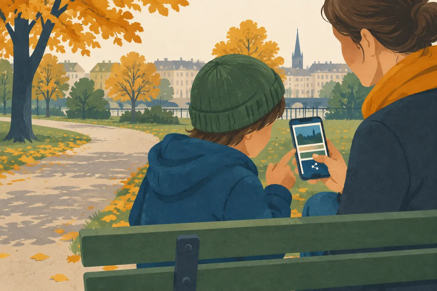 Ein Elternteil und ein Kind sitzen auf einer Parkbank und schauen gemeinsam auf ein Smartphone, bevor ein Foto geteilt wird.