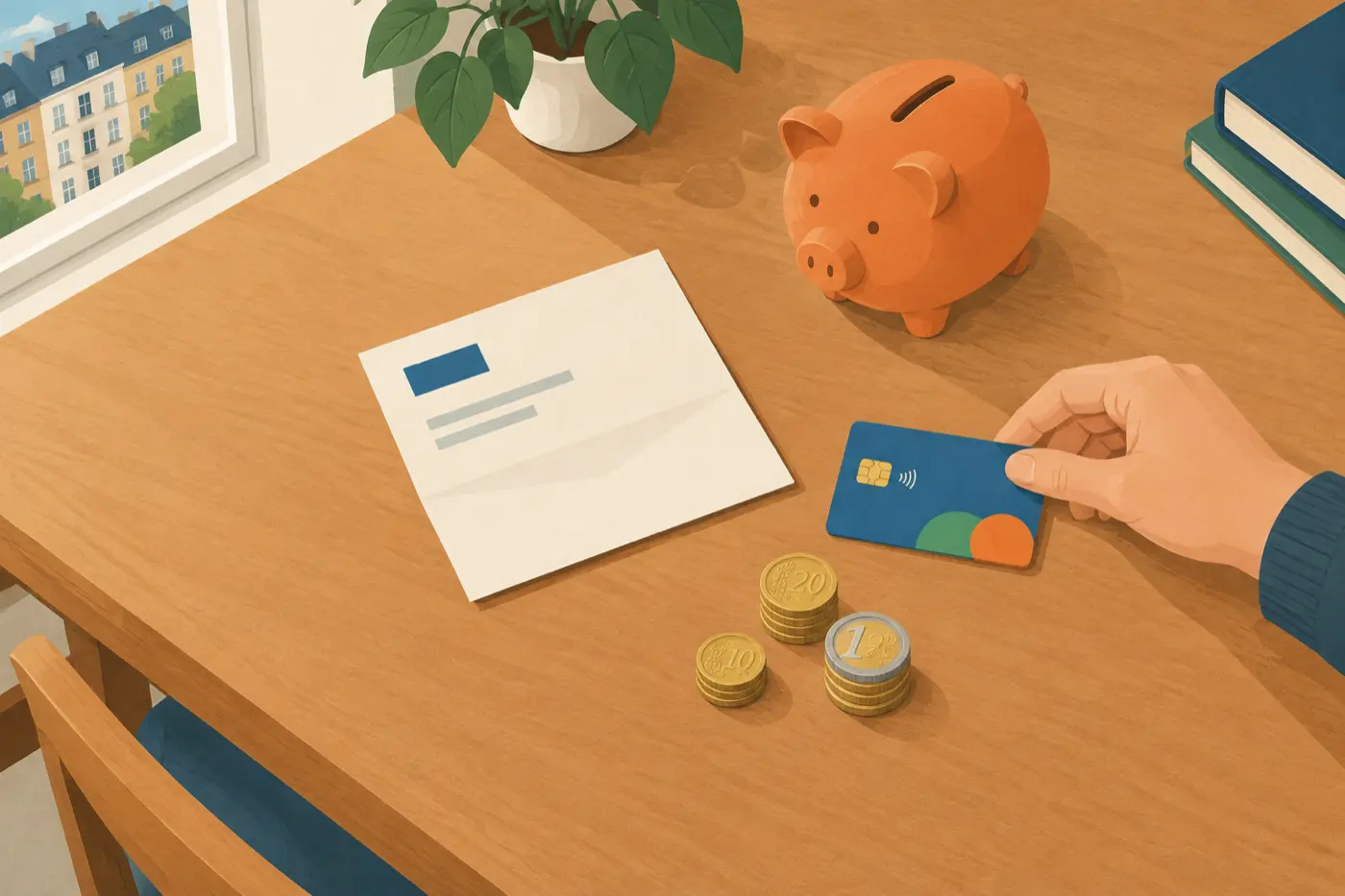Eine Kinder-Bankkarte liegt neben einem Sparschwein und einem Bankbrief auf einem Schreibtisch, eine Hand legt die Karte gerade ab.