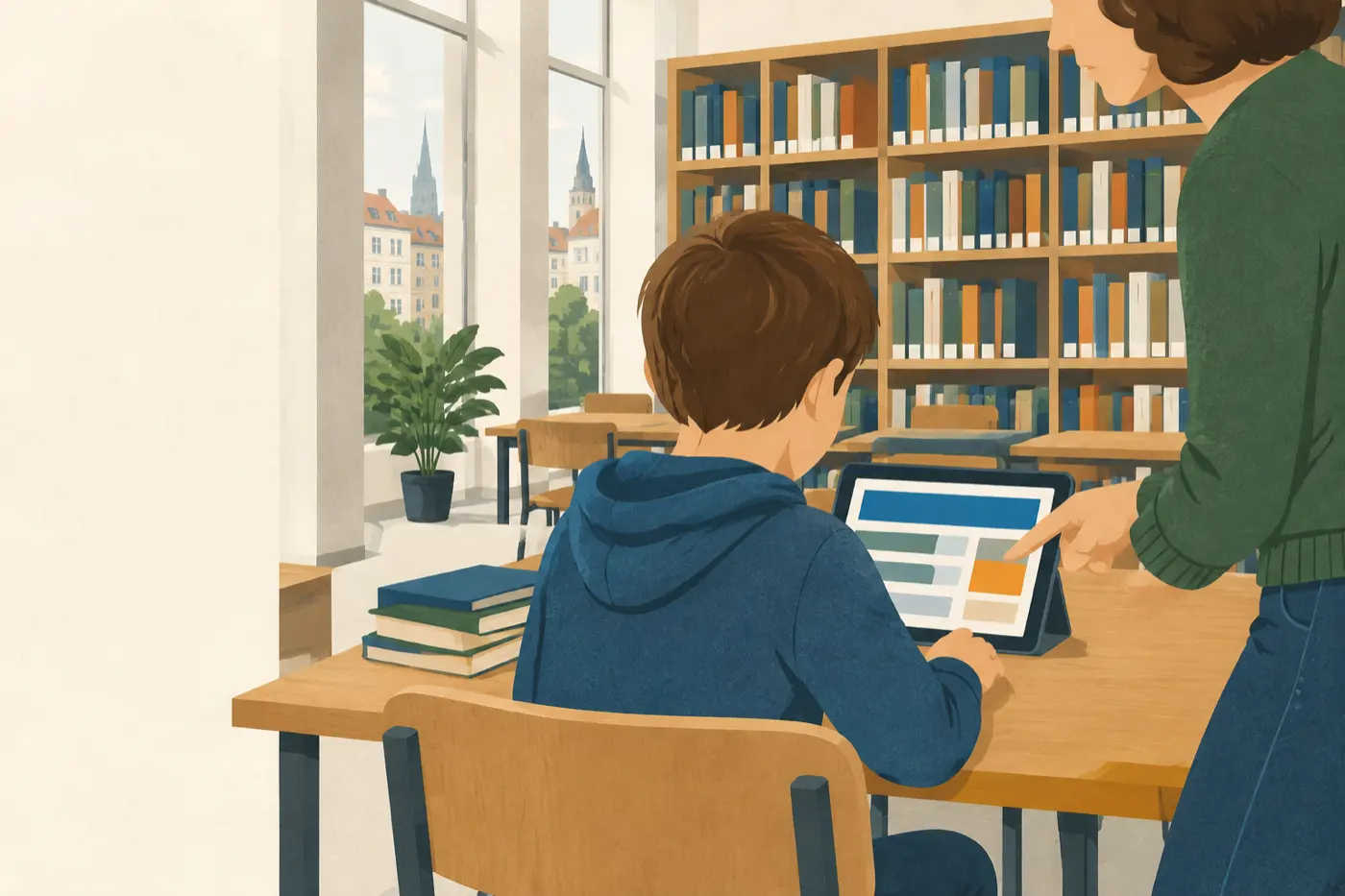 Ein Kind sitzt mit einem Tablet an einem Bibliothekstisch, eine erwachsene Person von der Seite deutet auf den Bildschirm.