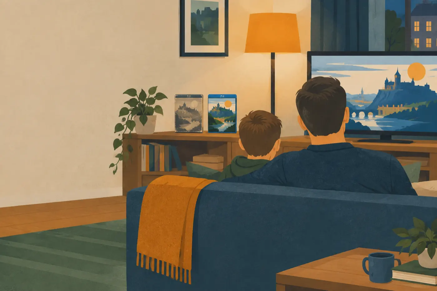 Ein Vater und sein Sohn schauen gemeinsam einen Film, im Hintergrund stehen zwei Filmhüllen nebeneinander.