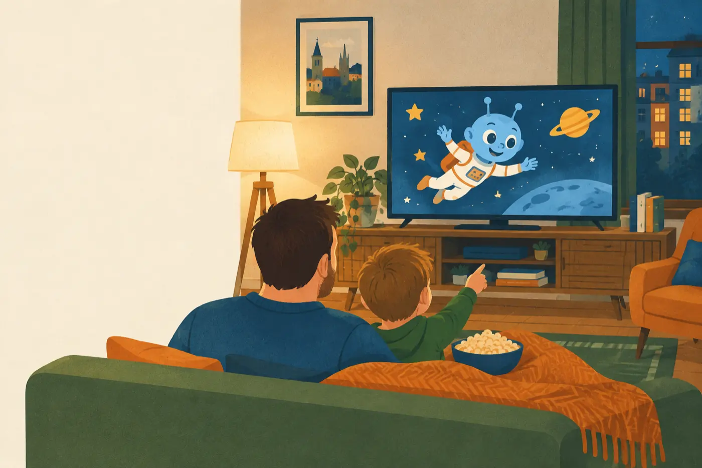 Ein Vater und sein Sohn schauen gemeinsam auf dem Sofa einen Zeichentrickfilm mit einem blauen Alien-Astronauten.