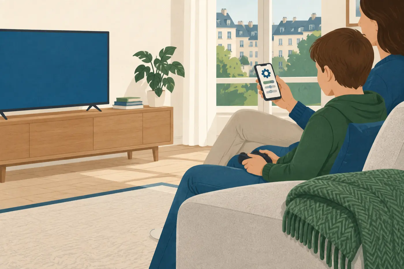 Ein Elternteil und ein Kind sitzen seitlich auf dem Sofa; das Kind hält einen Spielecontroller, der Elternteil ein Smartphone mit einer Einstellungsanzeige.