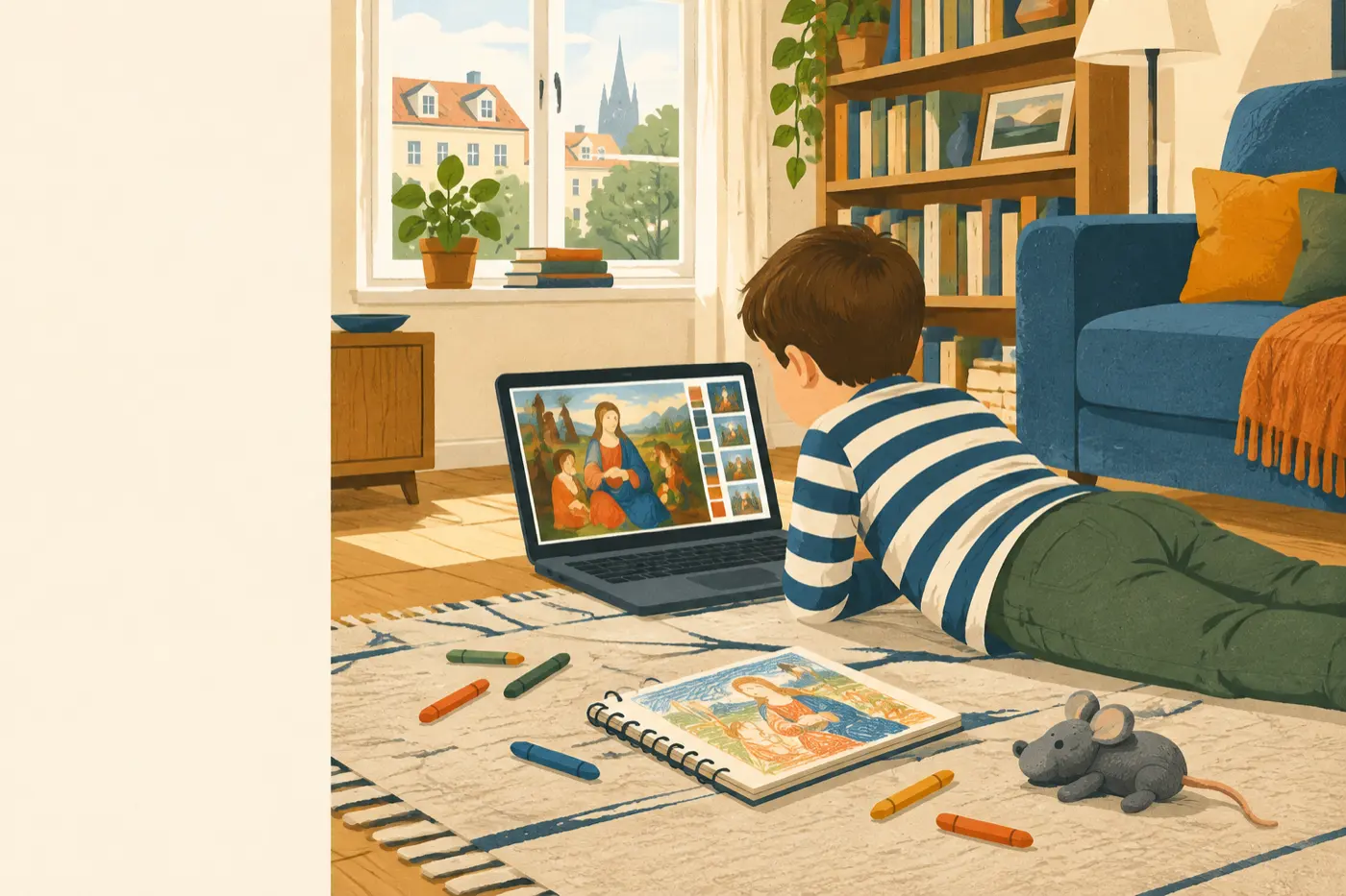 Ein Junge sitzt vor dem Laptop und betrachtet ein Gemälde auf der Kinder-Kunstseite KWERX, daneben liegen Buntstifte und ein Skizzenbuch.