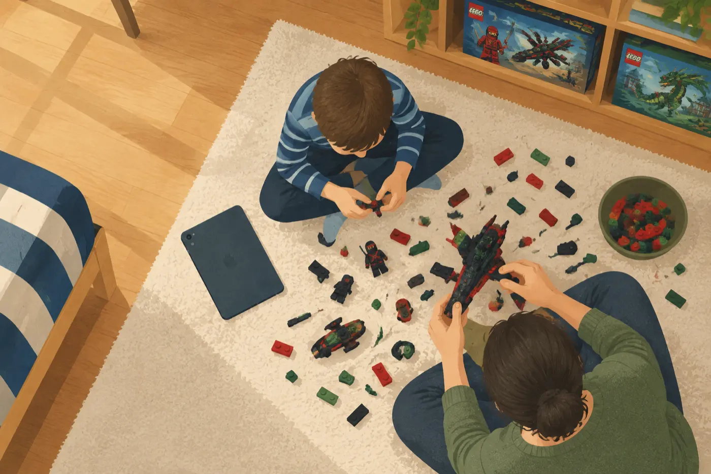 Ein Kind und ein Erwachsener bauen von oben gesehen auf dem Teppich gemeinsam aus losen LEGO-Steinen, ohne Bauanleitung, ein Tablet liegt daneben mit dem Bildschirm nach unten.