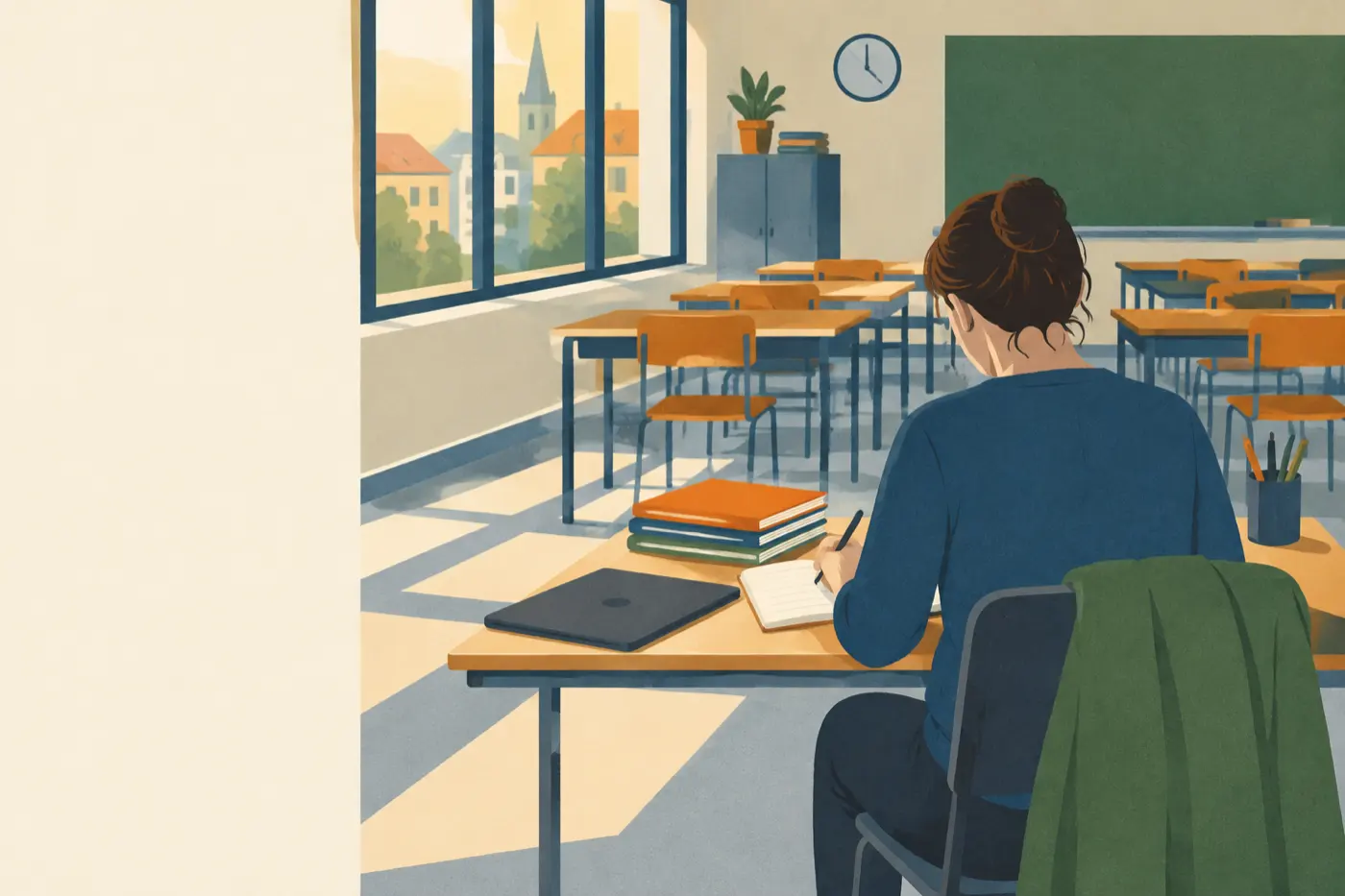 Eine Lehrkraft sitzt nach dem Unterricht allein im leeren Klassenzimmer und schreibt Notizen in ein Heft.