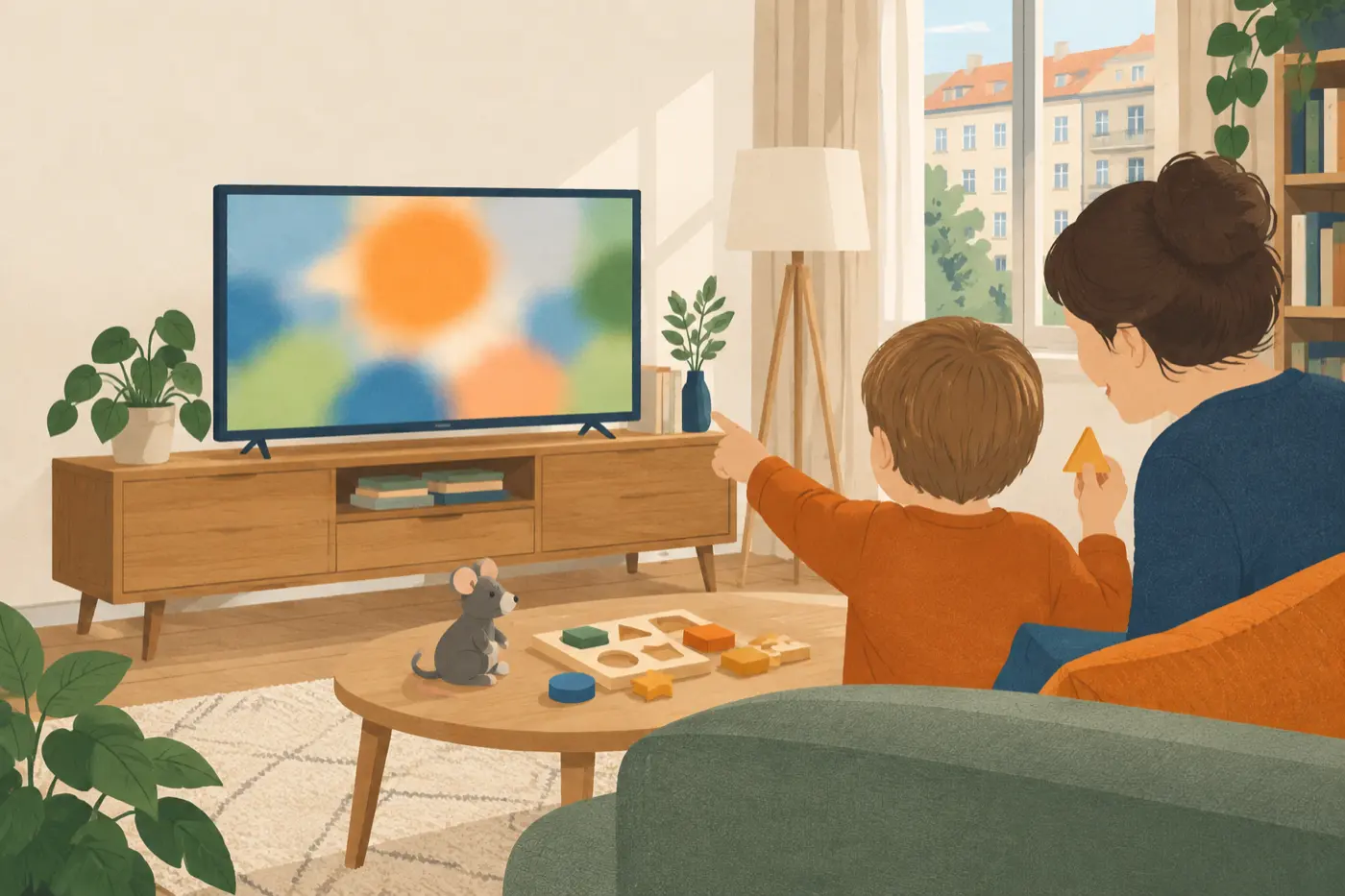 Ein Erwachsener sitzt mit einem Kind auf dem Sofa vor dem Fernseher, das Kind zeigt mitmachend auf den Bildschirm.