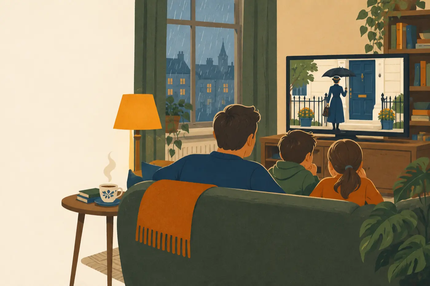 Eine Familie sitzt gemeinsam vor dem Fernseher und schaut eine Szene aus Mary Poppins mit Schirm und Reisetasche an der Haustür.