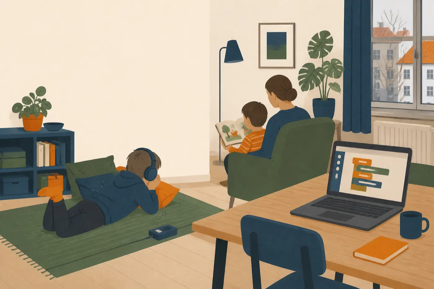 Ein Wohnzimmer mit drei Szenen: ein Kind hört mit Kopfhörern ein Hörspiel, ein Erwachsener und ein Kind schauen gemeinsam ein Bilderbuch an, auf einem Laptop sind bunte Programmierbausteine zu sehen.