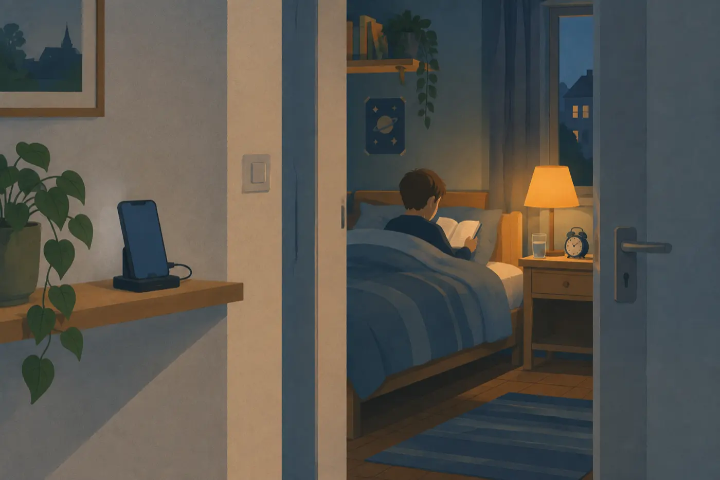 Ein Kinderzimmer am Abend: Das Smartphone lädt draußen auf dem Flur, im Zimmer liegt ein Kind mit einem Buch im Lampenlicht im Bett.