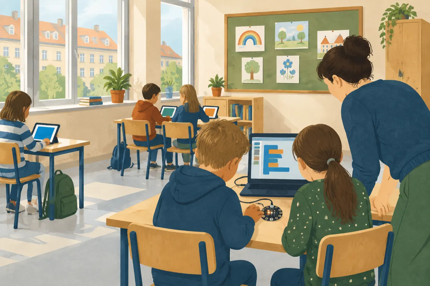 Eine Lehrkraft und zwei Kinder untersuchen gemeinsam einen kleinen Mikrocontroller mit Lichtern an einem Gruppentisch, im Hintergrund arbeiten weitere Kinder zu zweit an Tablets.