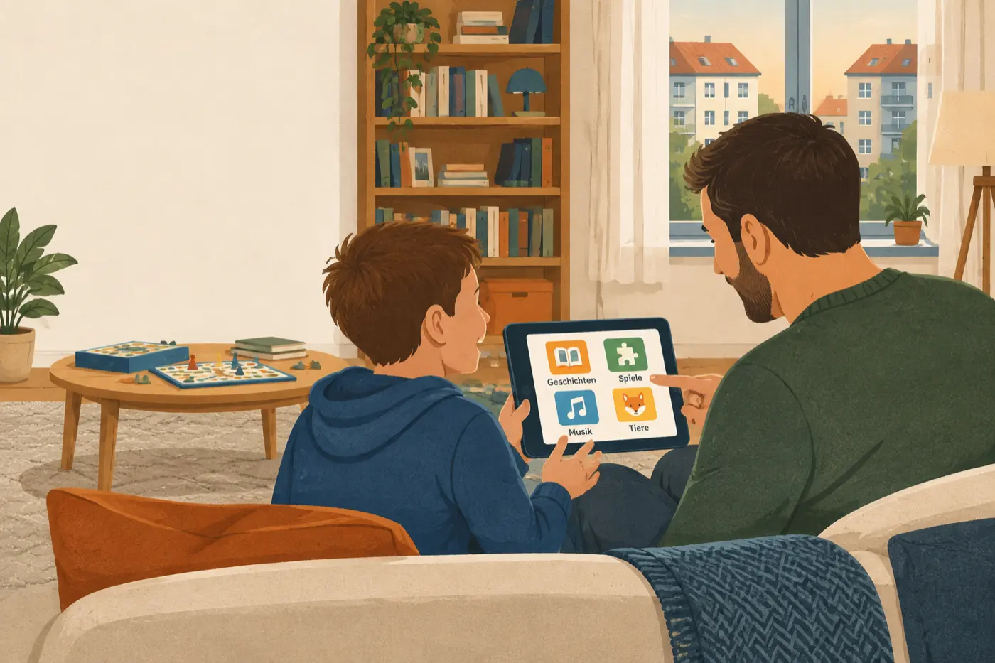 Ein Vater sitzt mit seinem Sohn auf dem Sofa und schaut gemeinsam mit ihm auf ein Tablet.