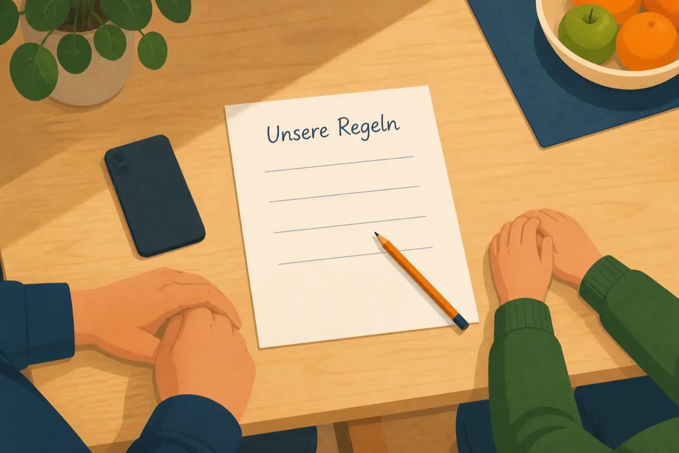 Ein Esstisch von oben: in der Mitte ein Blatt Papier mit der handschriftlichen Überschrift „Unsere Regeln“ und vier leeren Linien darunter, ein Bleistift quer darauf. Am Tischrand die Hände eines Erwachsenen und eines Kindes, daneben ein Smartphone mit dem Bildschirm nach unten.