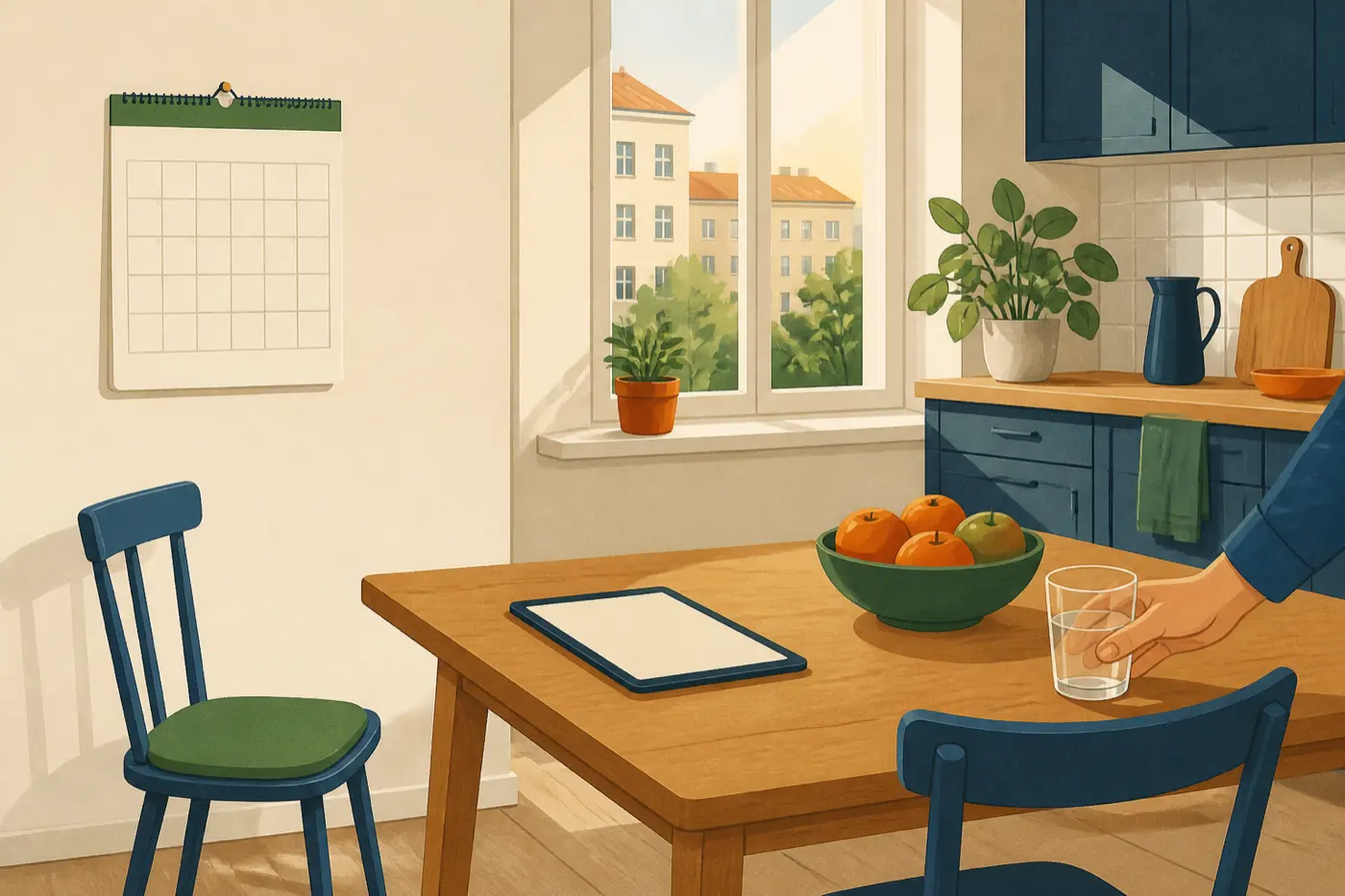 Eine helle Küche am Nachmittag: ein Holztisch mit einem flach liegenden Tablet, eine Obstschale, ein Wandkalender mit leeren Kästchen, dahinter ein Fenster mit Blick auf Altbauten.