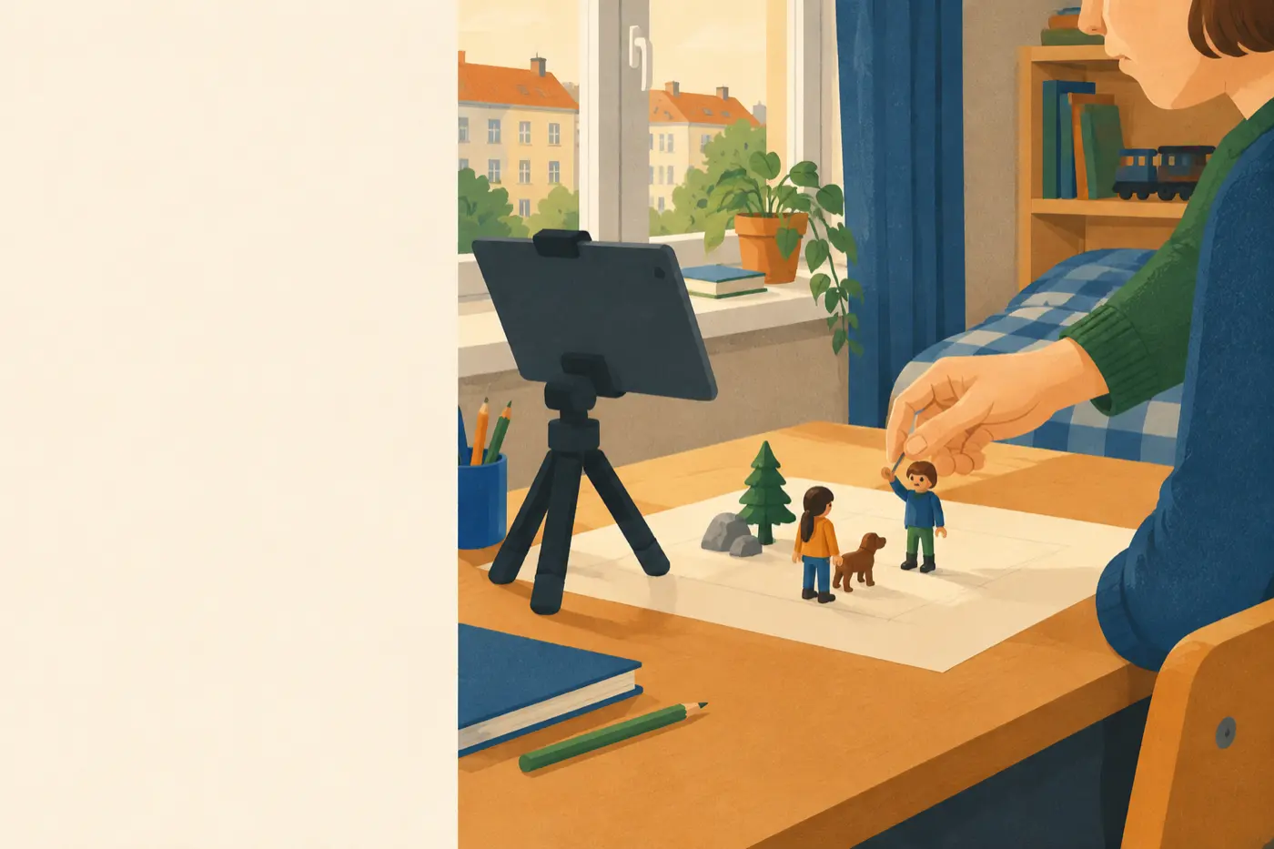 Ein Kind stellt kleine Figuren vor einem auf einem Stativ befestigten Tablet auf, um einen Trickfilm aufzunehmen.
