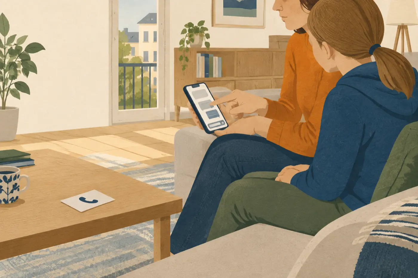 Ein Elternteil und ein Kind schauen gemeinsam auf ein Smartphone, daneben liegt eine Karte mit einer Beratungsnummer.
