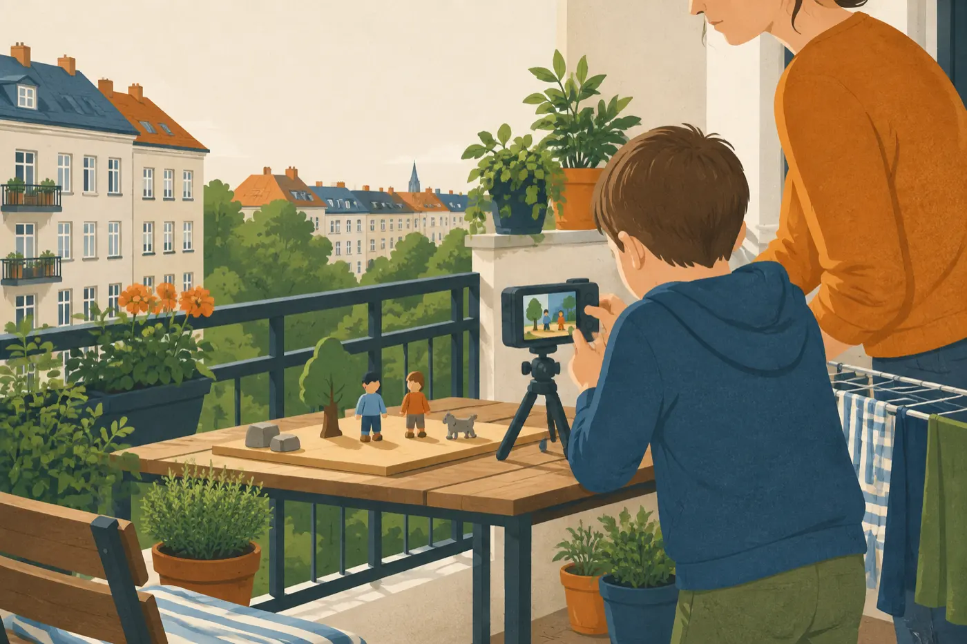 Ein Elternteil und ein Kind filmen gemeinsam eine selbst gebaute Stop-Motion-Szene mit einer kleinen Kamera auf dem Balkon.